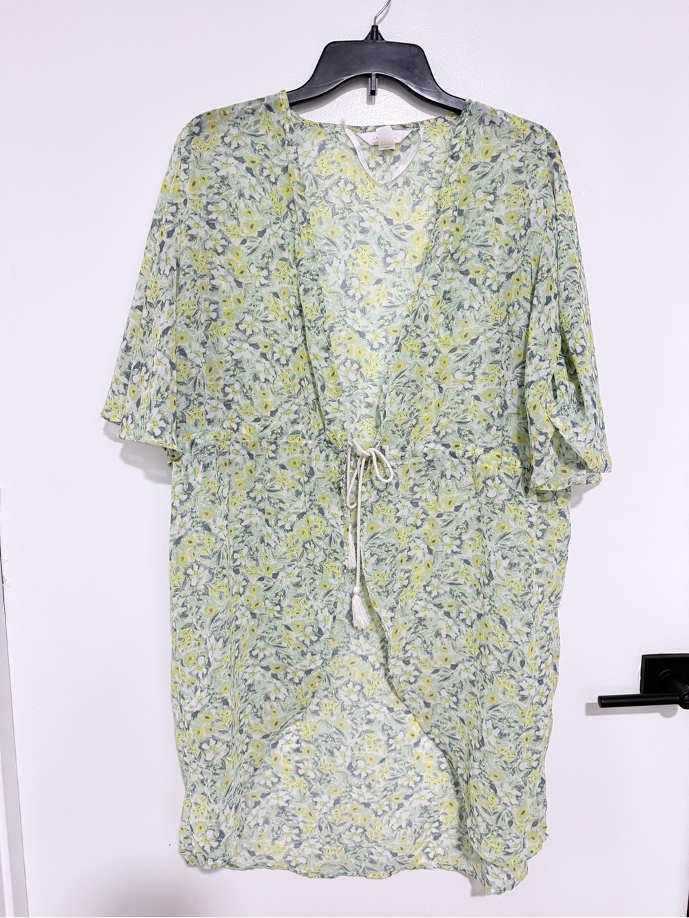 LC Lauren Conrad Green Yellow Floral Kimono Cardigan Drawstring Waist One Size